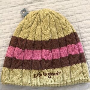 Life is Good cable knit striped beanie hat